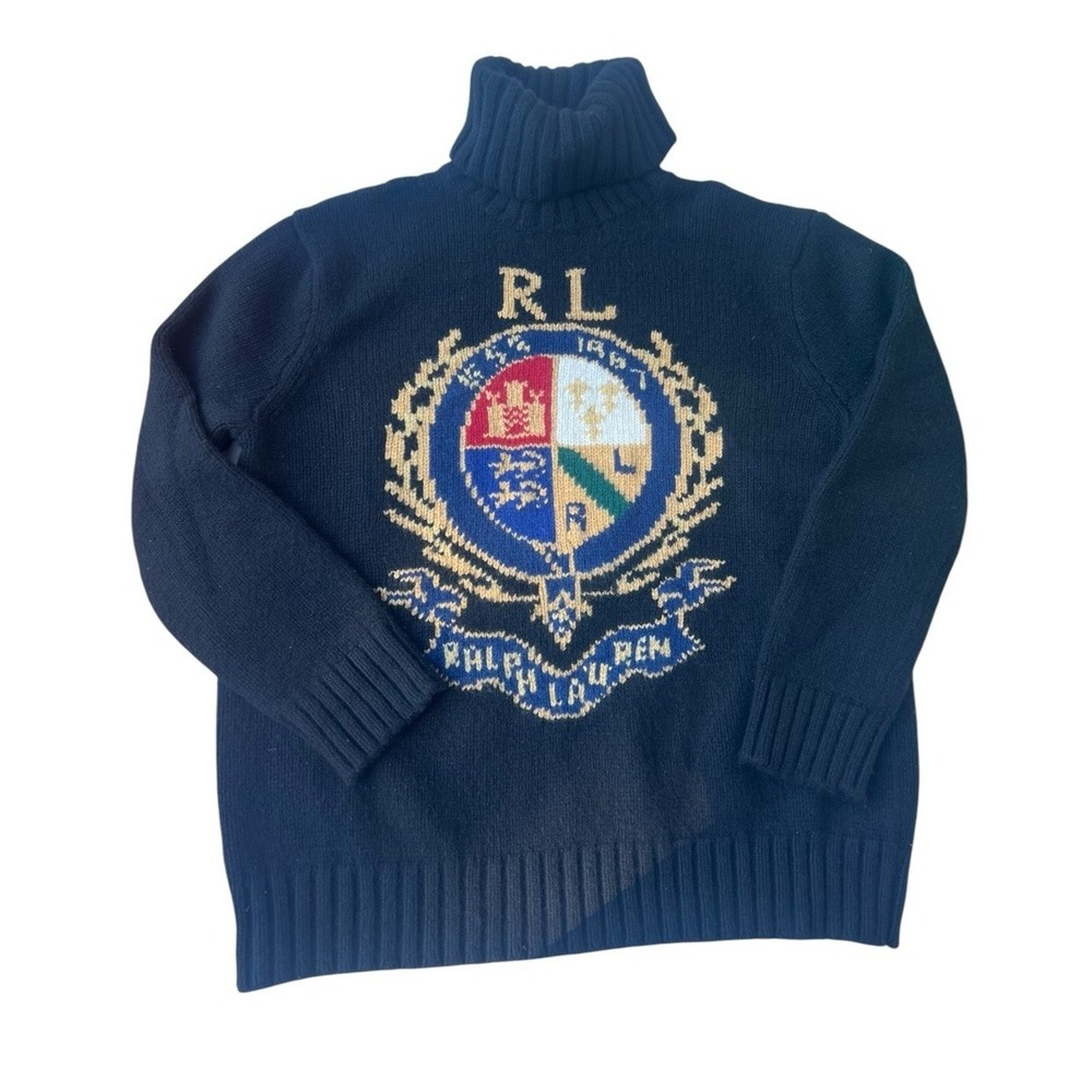 Polo Ralph Lauren Intarsia Crest Turtleneck Sweater Black Wool Knit Women's M
